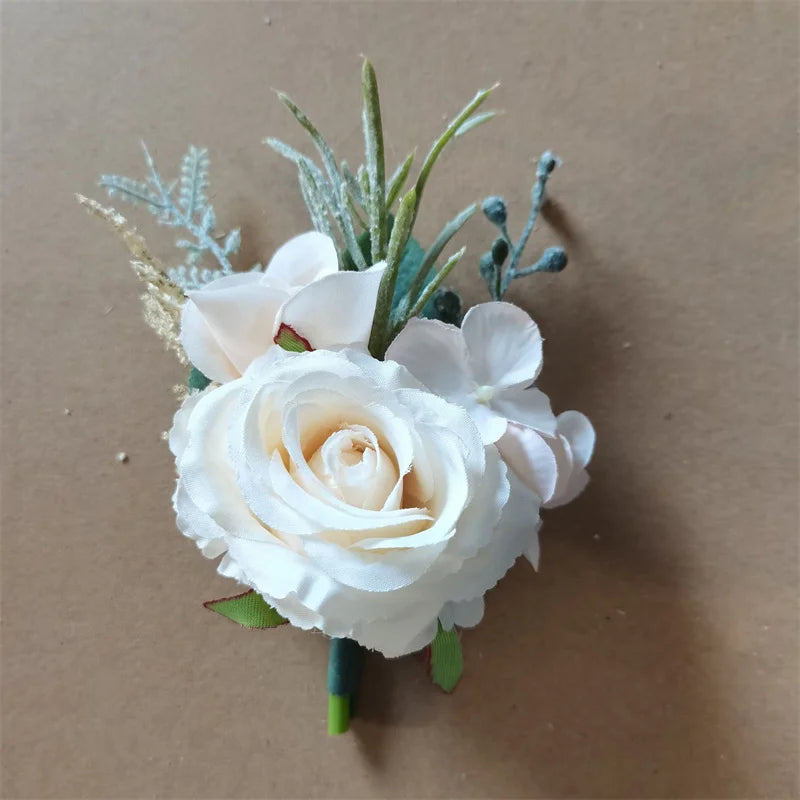 Boutonnieres Flowers Artificial White Roses Silk Ivory Corsage Buttonhole Groomsmen Boutonniere for Men Wedding Accessories