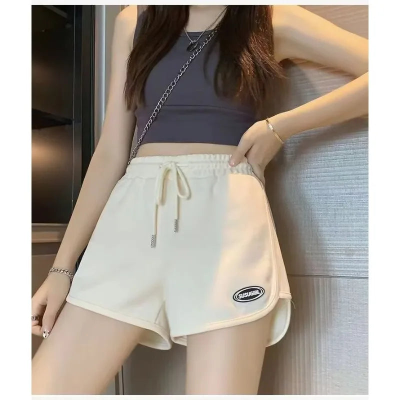 Women Casual Drawstring Sports Shorts Summer Thin High Waist Yoga A-line Shorts Loose Women Running Straight Trousers