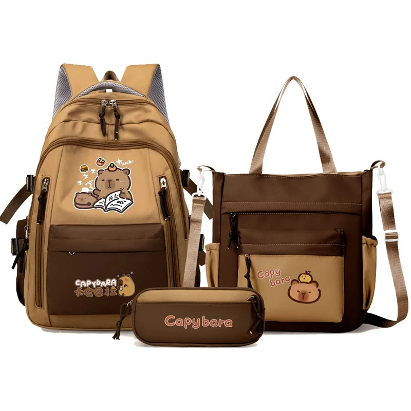 Capybara School Backpack Teens Girls School Bags Set Casual Daypack Kids 3Pcs Book Bag Kawaii Children Schoolbag Travel Backpack