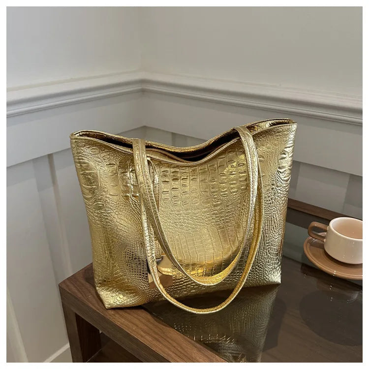 Fashion Casual Women Shoulder Bags Silver Gold Black Crocodile Handbag PU Leather Female Big Tote Bag Ladies Shopping Bag