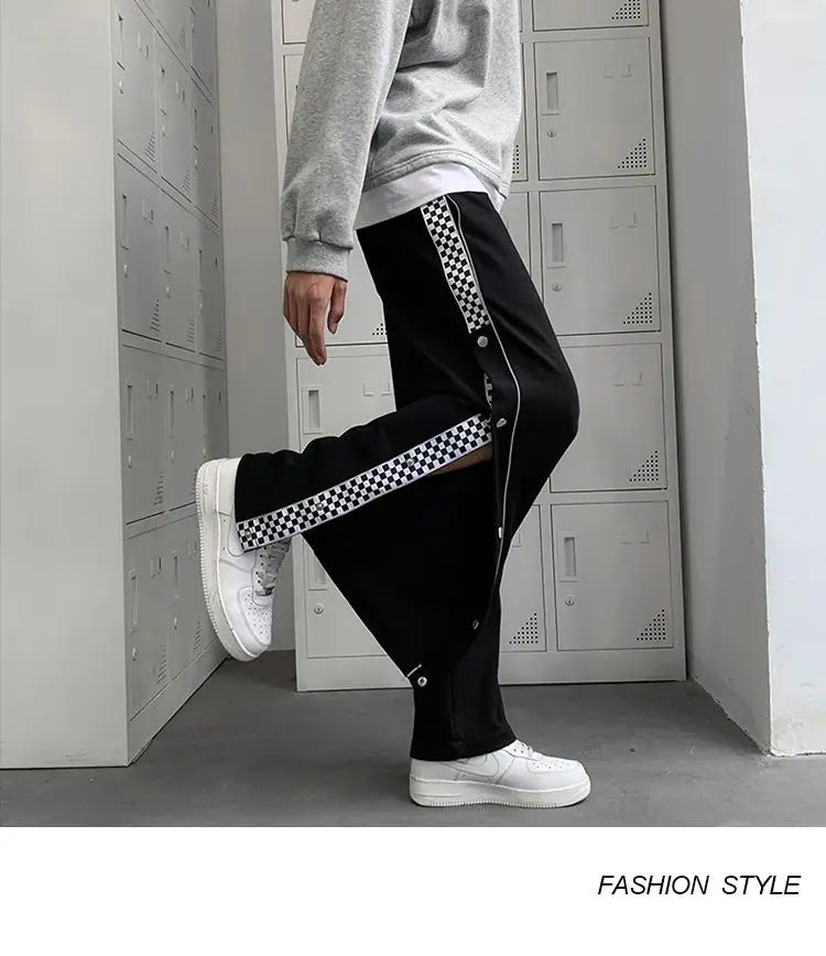 Split Reflective Stripe Casual Pants Unisex Trendy Patchwork Button Pants Spring Summer Straight Loose Sports Pants