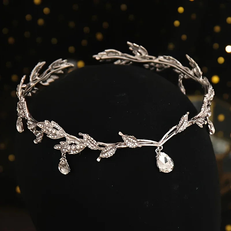 Vintage Crystal Rhinestone Waterdrop Leaf Tiara Crown Headband Wedding Hair Accessories Frontlet Bridesmaid Bridal Hair Jewelry