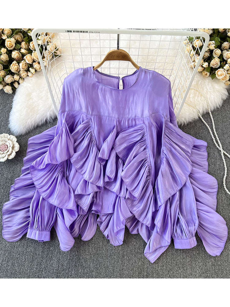 Women Spring Autumn Blouse New European American Vintage Round Neck Ruffle Loose Long Sleeved Foreign Style Irregular Top D2338