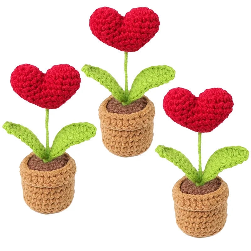 1-3pcs Handmade Knitted Flower Pot Red Heart Shaped Fake Plant Christmas Valentine's Day Mothers Day Gift Home Table Decoration