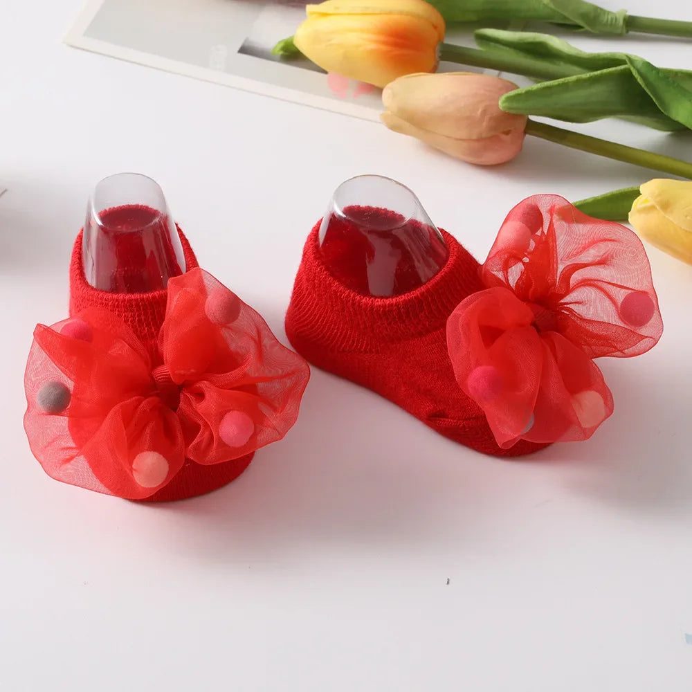 Baby Girl Home Short Socks Lace Bow Infant Anti Slip Trampoline Socks Newborn Princess Ankle Socks Children Floor Shoes