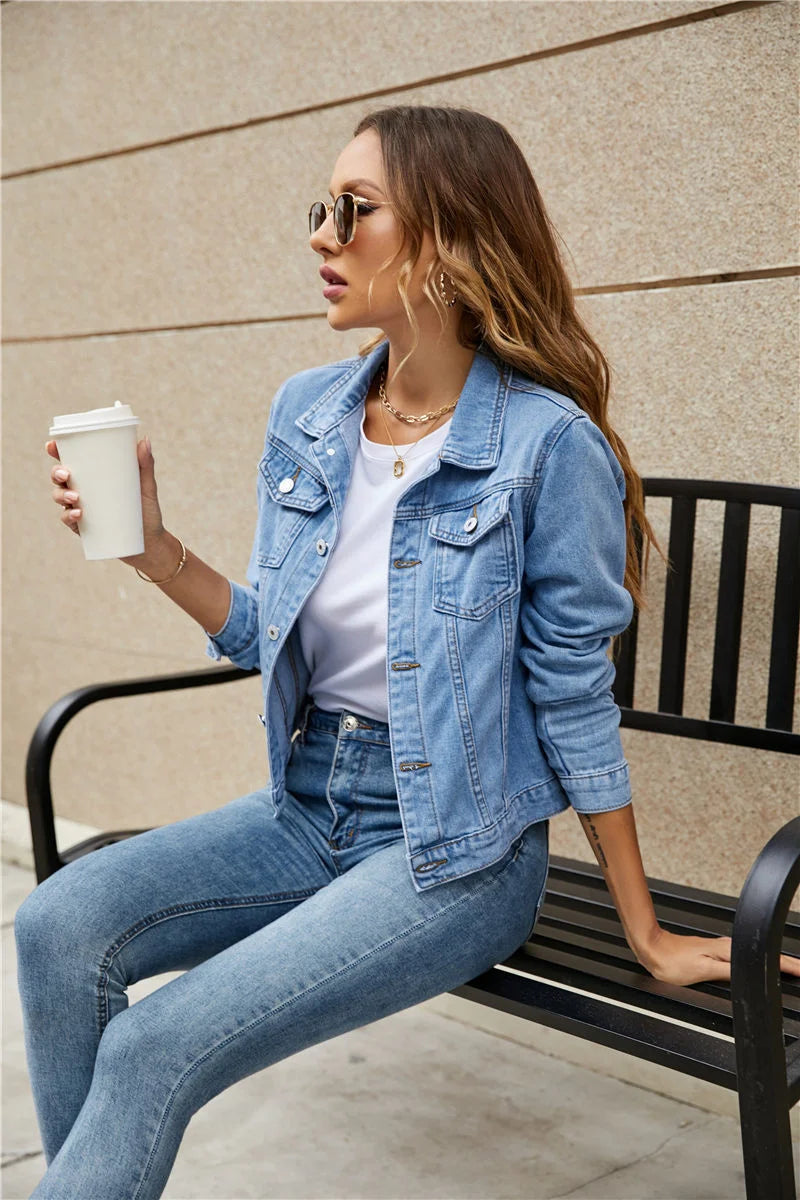 2023 Women's Short Denim Jackets Fashion Female Casual Long Sleeve Lapel Solid Button Pocket Slim Jean Jacket Fall Winter Coat