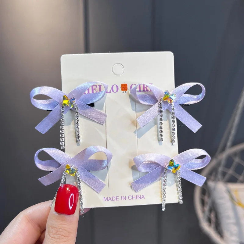 4PCS/Set Shiny Rhinestone Chains Bow Hair Clips New Sweet Girl Tassel Sided Clips Korean Barrettes Kids Headwear Hair Accessory