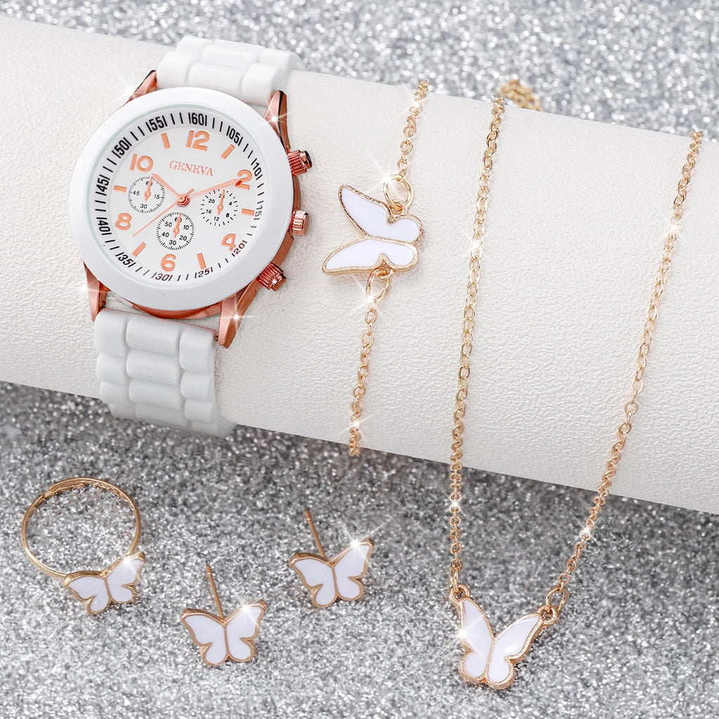 5/6PCS Women Watches Fashion Silicone Band Women Quartz Watches Jewelry Set Reloj Mujer Girls Clock Gift (Without Box)