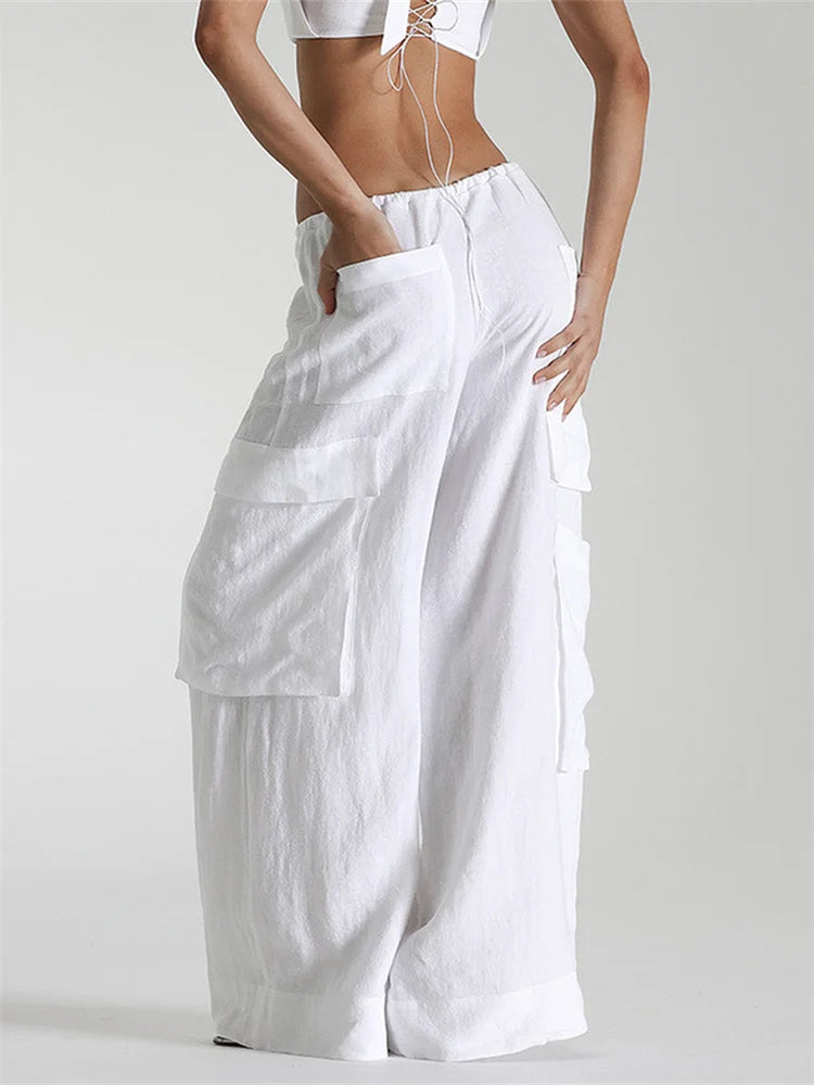 Women's Loose Cargo Pants Solid Color Drawstring Wide Leg Trousers with Pockets Casual Sweatpants Streetwear