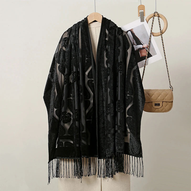 2025 NEW Fashion Women Cut Flowers Hollow Lace Gradient Flower Silk Scarf Spring Shawls and Wraps Towel Femme Beach Sjaals