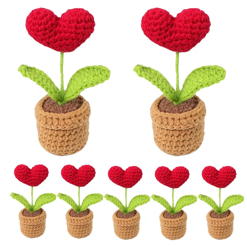 1-3pcs Handmade Knitted Flower Pot Red Heart Shaped Fake Plant Christmas Valentine's Day Mothers Day Gift Home Table Decoration