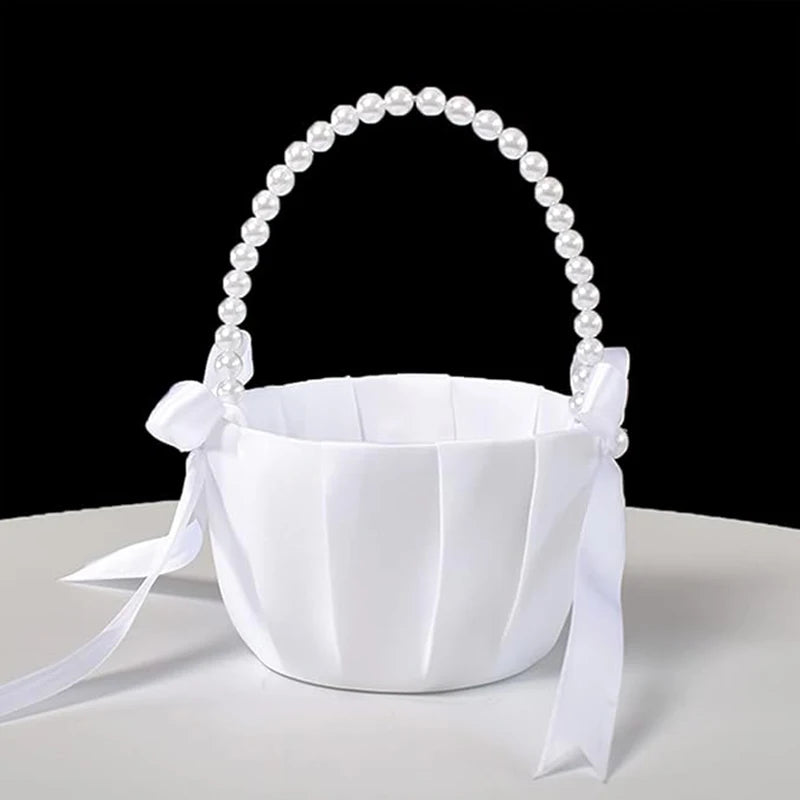 Wedding White Satin Bow Flower basket Flower Carrying basket with pearl handle suitable for bridesmaids and flower girls