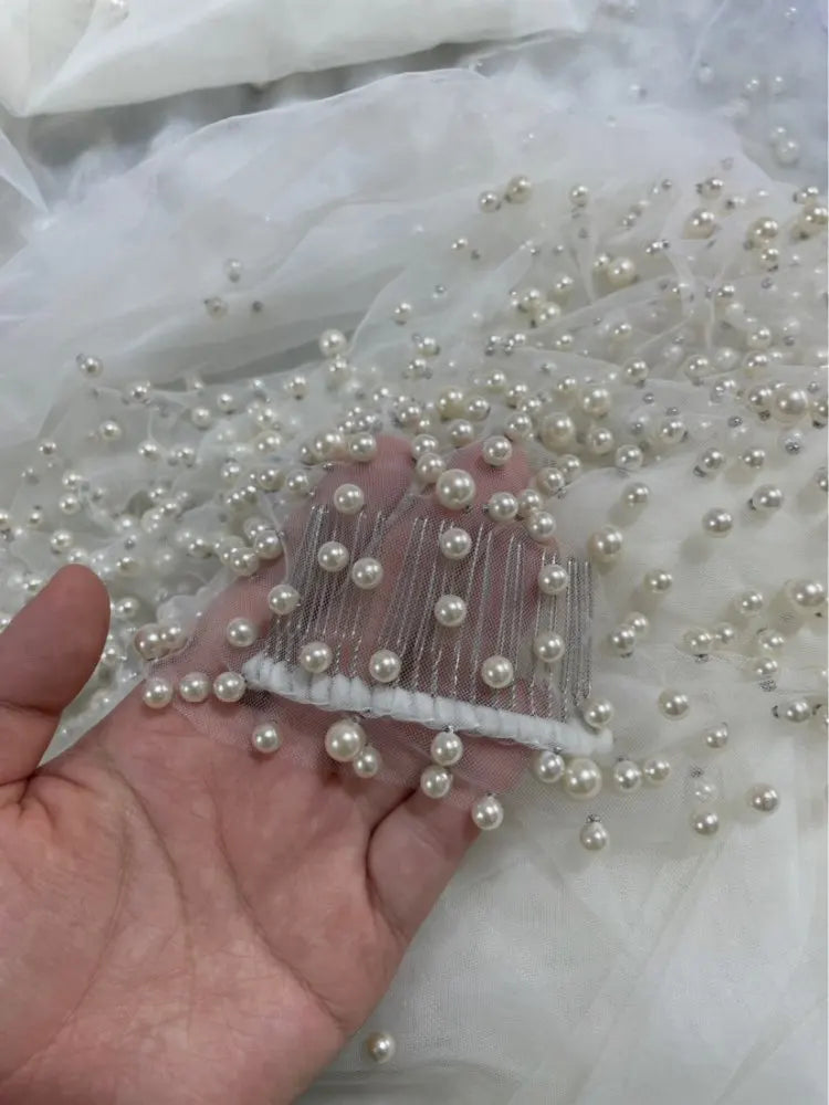 1Tier Wedding Veil With Pearls Long Luxury Bridal Veil with Comb Scattered Dense Pearls Cascading Mantilla Cathedral Custom Veil