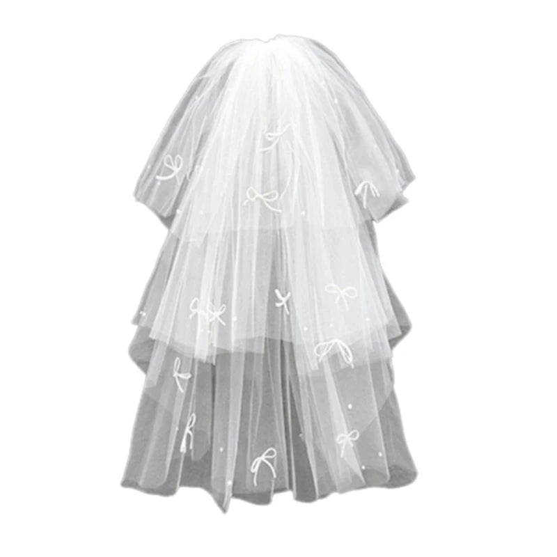 Bride Veil Studded Bowknot Beaded Head Covering Wedding Hair Covering White Wedding Veil Headscarf Short Veil DropShip