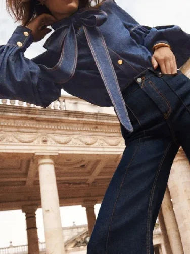 Beautyblue Elegant Women's Imitation Denim Blouse Tops Spring 2025 New Fashion Puff Sleeves Bow-Embellished Female Shirts S-3XL