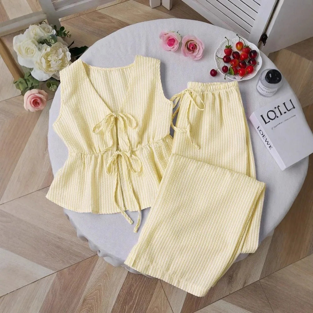 Women‘s Two-Piece Set -Solid Color with Stripe Detail Lounge Set,Strappy Camisole & Wide Leg Tie-Waist Pants,Sweet Casual Outfit