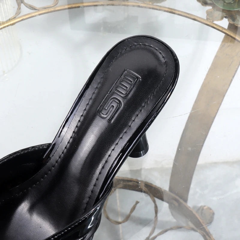 High heels 2025 summer new pleated slippers square toes metal fashion open toe sexy luxurious banquet sandals Heel height 9CM