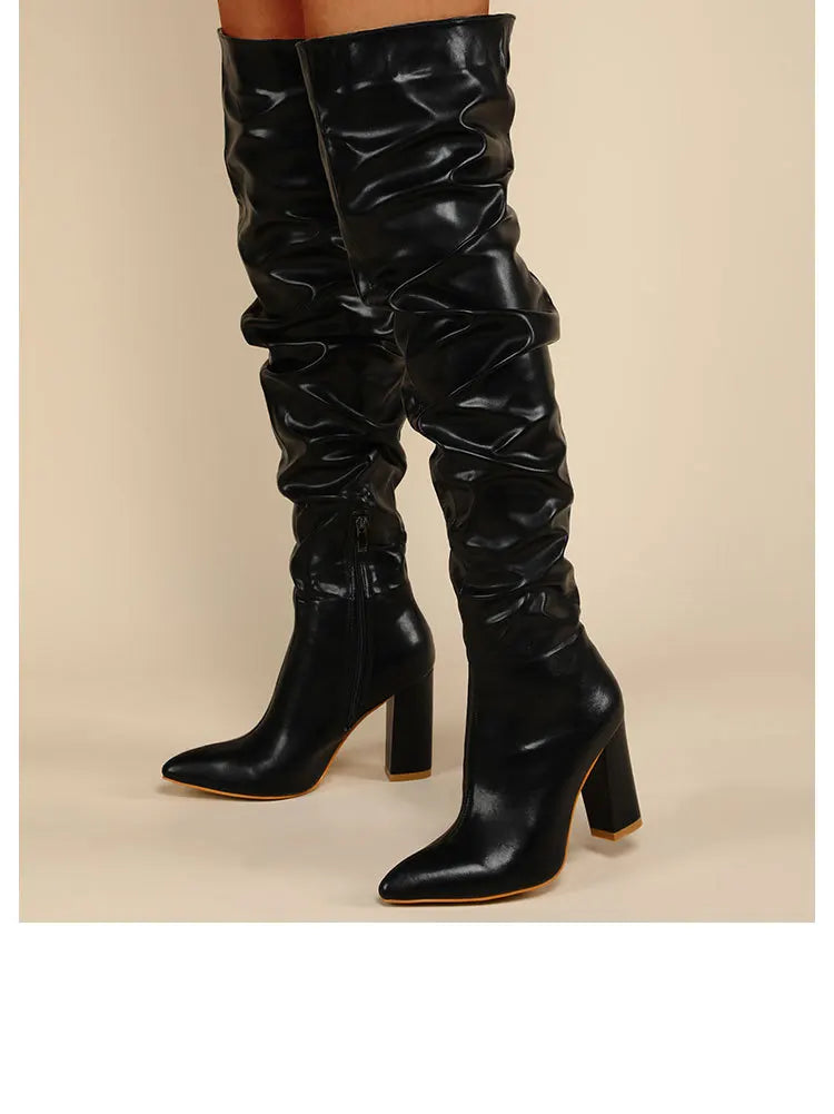 Sexy High Quality Pleated cowhide Leather Motorcycle Over The Knee Boots Women Fashion Pointed Toe Thigh High Lady Shoes Large