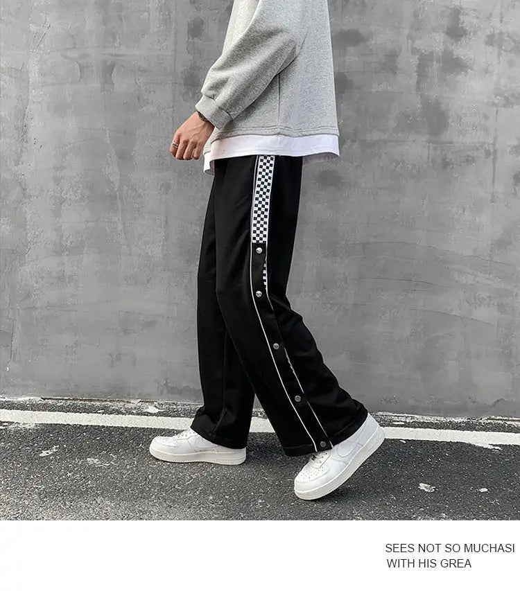 Split Reflective Stripe Casual Pants Unisex Trendy Patchwork Button Pants Spring Summer Straight Loose Sports Pants