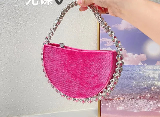 Lady Blue/Pink Diamond Circular Evening Bag Women Fushia Round Handle Rhinestone Dinner Clutch Purse Ladies Half Moon Handbags