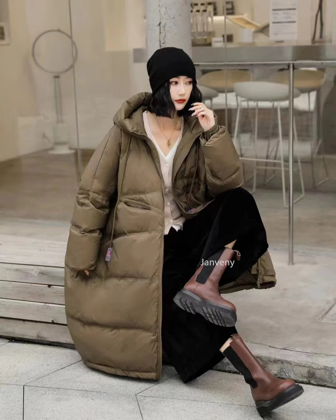 Janveny Women 90% White Duck Down Jacket With Hooded Loose Oversize Long Puffer Coat Autumn Winter Warm Outwear Female Parkas