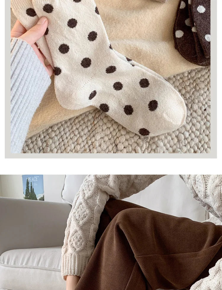 Socks for Women Autumn Winter Thick Warm with Polka Dot Black Maillard Velvet Coffee Mid-tube Socks