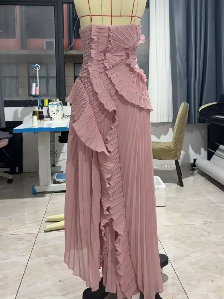 Elegant Neck Strap Ruffles Evening Gown Solid Folds A Line Lace Up Backless Sexy Party Dress 2025 New Party  Vacation Y2k Robe