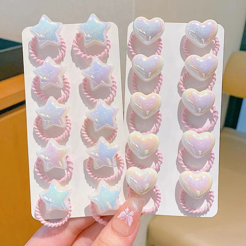 10PCS/Set Shiny Butterfly Baby Girl Hair Ropes Cute Heart Star Elastic Rubber Bands Ponytail Headflower Princess Kids Headwear