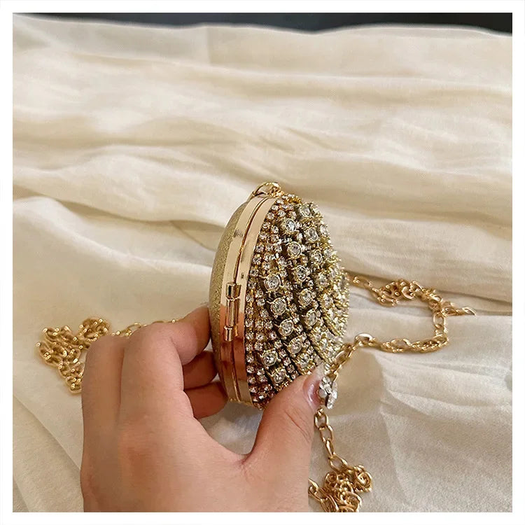 Luxury Mini Diamond Inlay Heart Shape Crystal Clutch Purse Stones Evening Wedding Party Shoulder Bag Handle Rhinestone Handbags