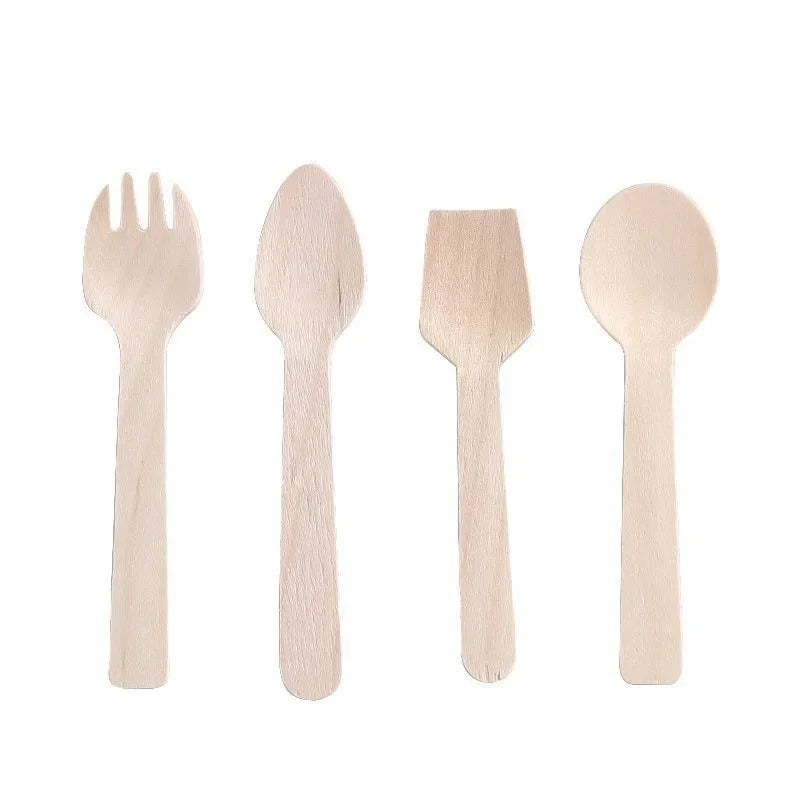 100Pcs Disposable Mini Wooden Spoons Ice Cream Spoon Fruit Dessert Forks Spoons Wedding Party Tableware Kitchen Accessories Tool
