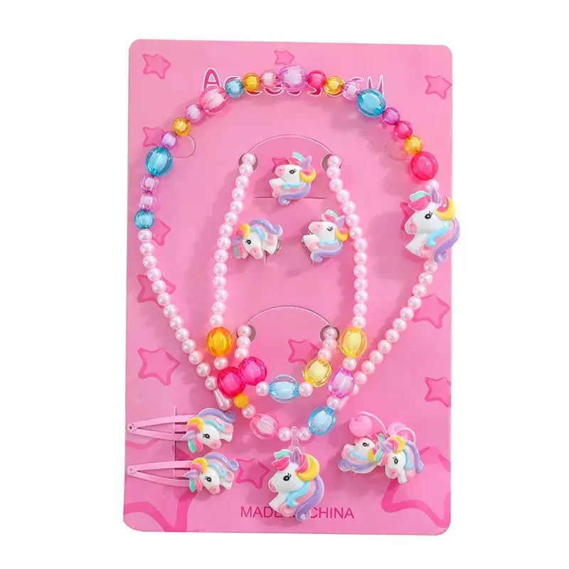 1 Set Handcrafted Unicorn Kids Beaded Jewelry set Cute Animal Necklace Bracelet Ring and Hair Clips Set for Little Princess Gift