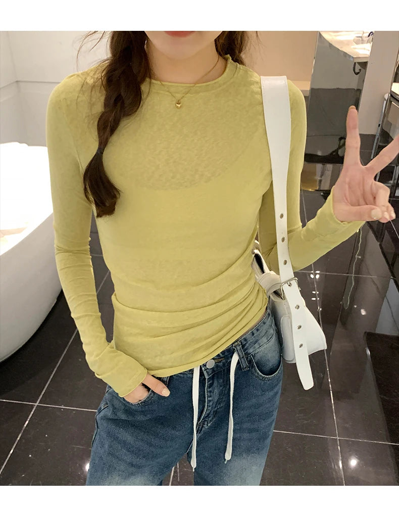 2025 Spring Autumn T shirt Women Tops Solid Slim Fit Long Sleeve O Neck Tshirts Female Casual Streetwear High Quality Base Tees