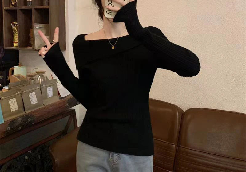 Solid Sexy Slim Off Shoulder Slash Neck Long Sleeve Knitting Sweater  Women Jumpers Office Fashion New