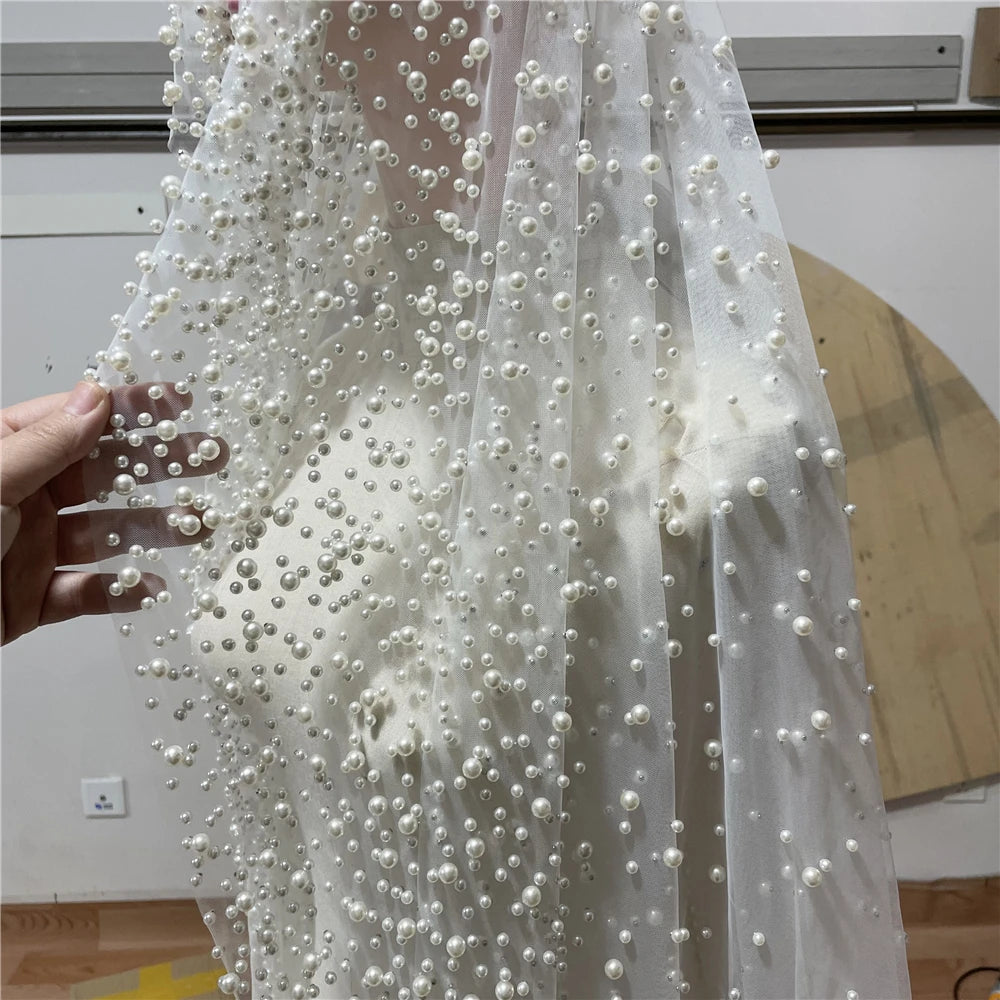 1Tier Wedding Veil With Pearls Long Luxury Bridal Veil with Comb Scattered Dense Pearls Cascading Mantilla Cathedral Custom Veil