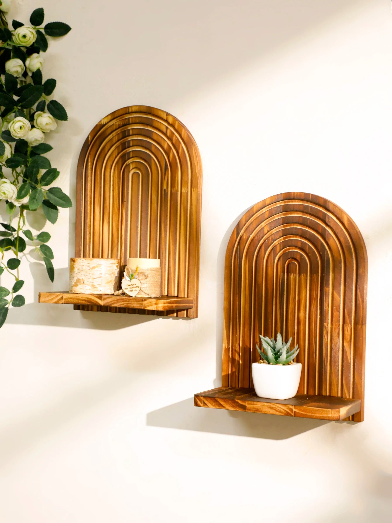 1Pc Boho Style Wooden Wall Shelves - Geometric Wall Mounted Shelves, Natural Wood Finish, Modern Home Decor, Plant Decorative