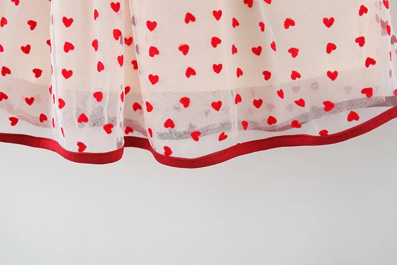 Baby Girl Red Dress Heart Embroidered Mesh Bow Tutu Dress Kids Birthday Party Clothes