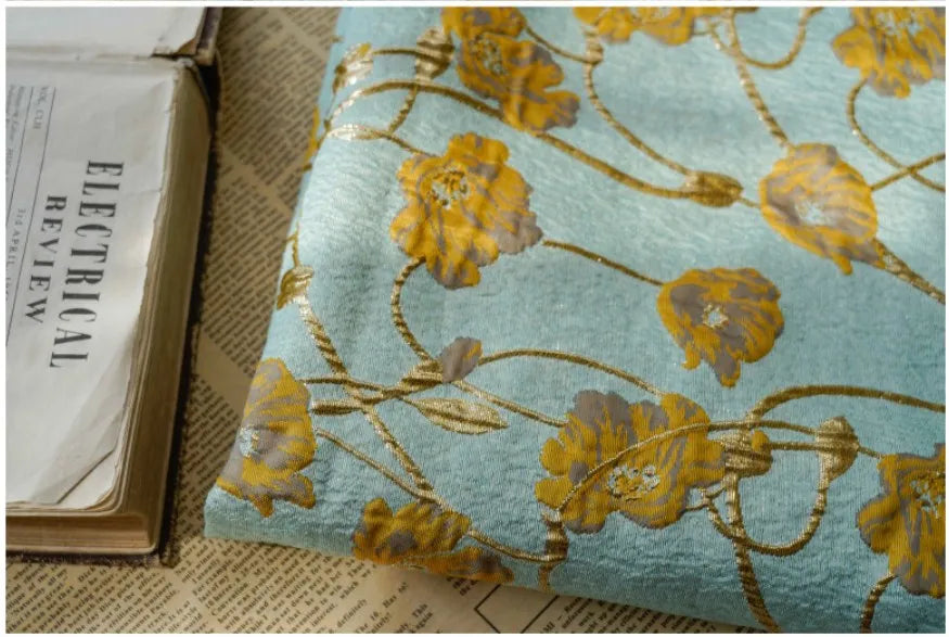 Lake Green Gold Silk Embossed Yarn Dyed Jacquard Fabric Spring Autumn Tutu Skirt Palace Style Dress Making Fabric 50cmx140cm