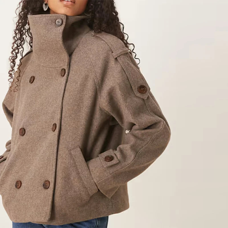 Elegant Women's Short Woolen Coats Stand Collar Double Breasted Long Sleeve Female Jacket 2025 Autumn Winter Lady Warm Outwear