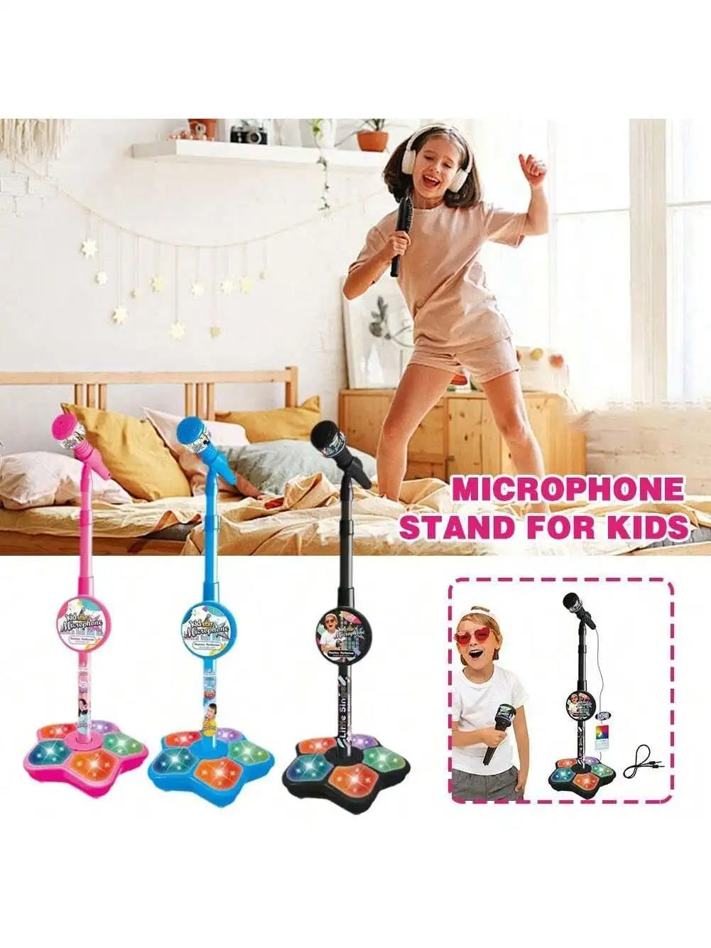 Children Singing Microphone Toy with Music Speaker Stand Light Up Karaoke Instrument for Kids Children Birthday Gift