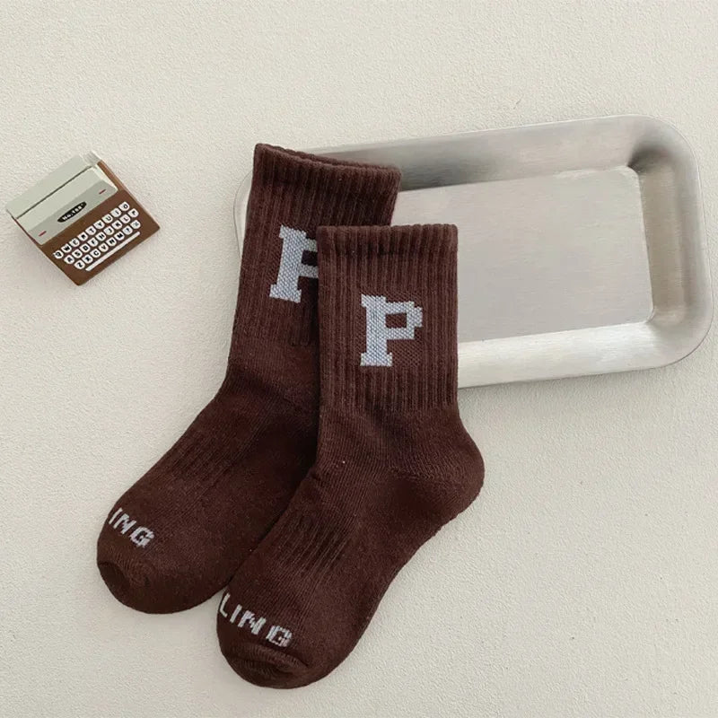 Korean Fashion Letter Socks Children Knit Cotton Middle Tube Socks Boys Girls School Casual Sports Socks 1-8years Old