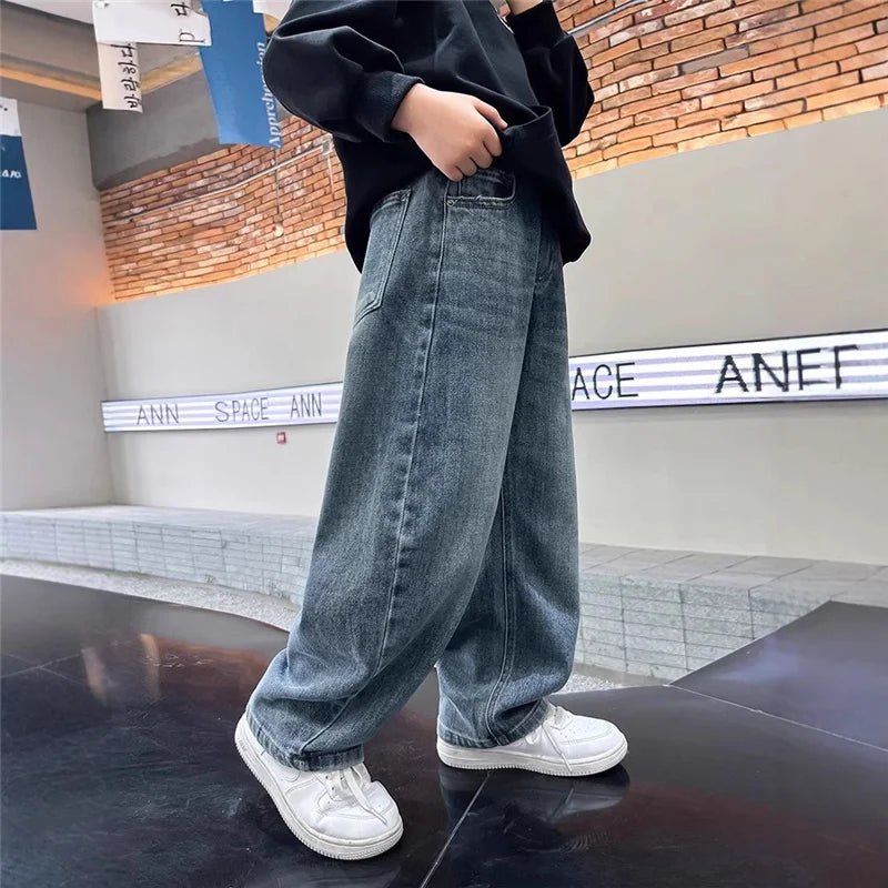 Boys Jeans Pants Spring Kids Wide Leg Straight Trousers Autumn Loose-Fit Casual Trousers Children's Trendy Sweatpants Pant 5-14Y