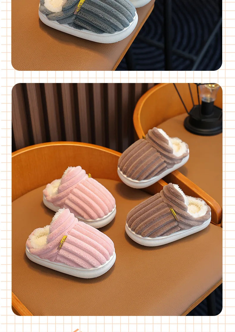 Winter children's cotton slippers for boys and girls, anti slip and warm bags, and parent-child fuzzy and plush home baby cotton
