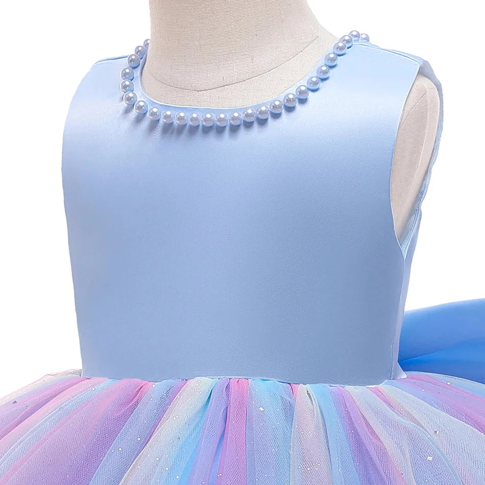 Infant Baby Tulle Backless Pageant Wedding Party Flower Girls Big Bow Dress With Headwear For Toddler Baptism Birthday Prom Gown