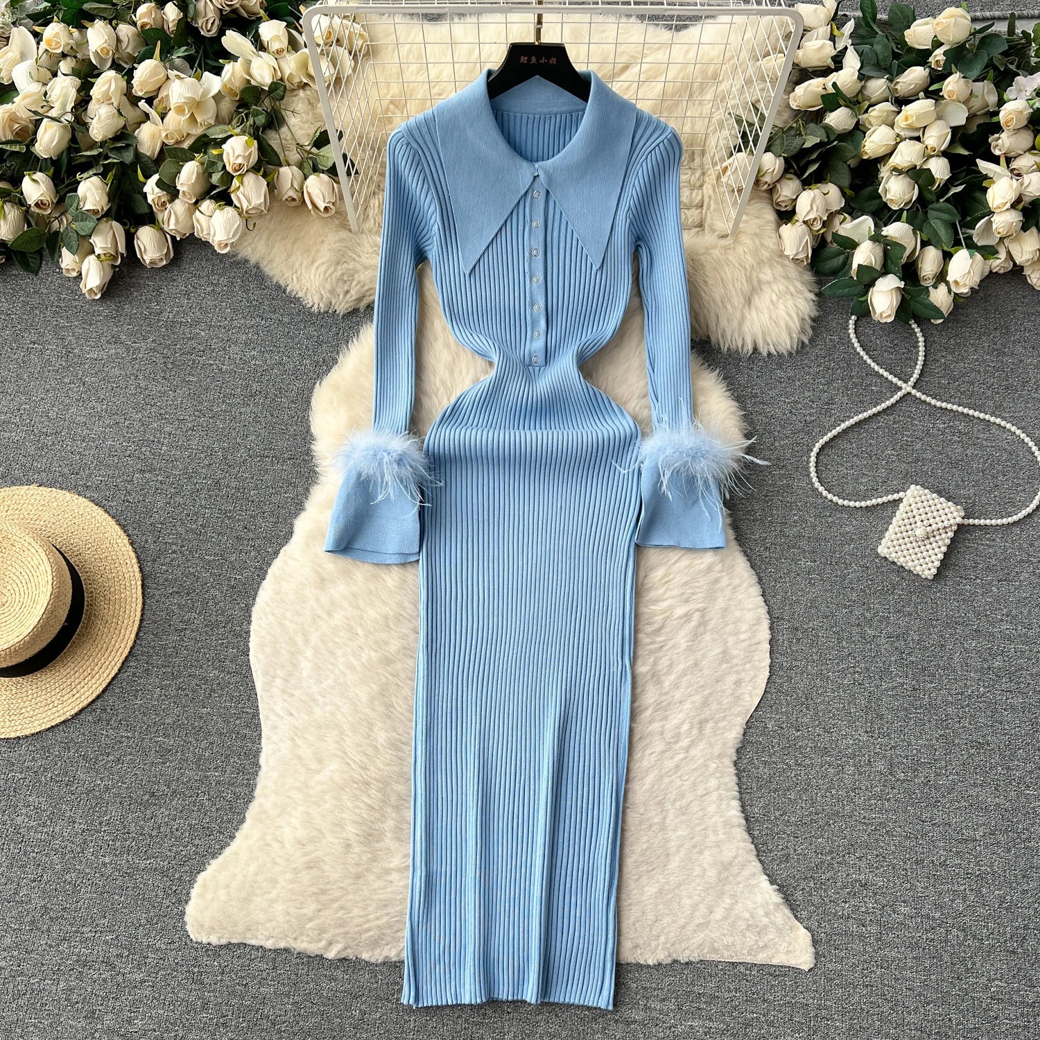 YuooMuoo Women Dress 2025 Autumn Winter Elegant Fur Long Sleeve Knitted Sweater Dress Chic Lady Wrap Hips Bodycon Long Vestidos