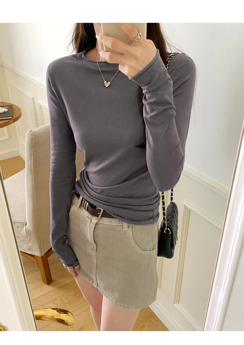 2025 Spring Autumn T shirt Women Tops Solid Slim Fit Long Sleeve O Neck Tshirts Female Casual Streetwear High Quality Base Tees