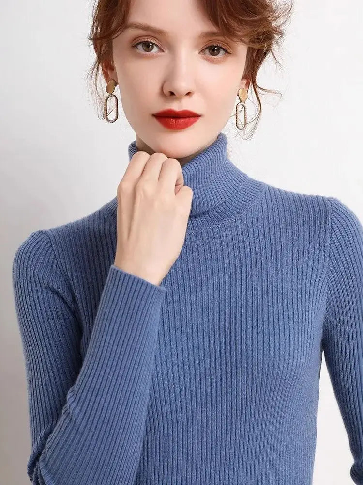 Autumn and winter new Korean slim fit women's pullover sweater knitted sweater pull up women's high neck sweater women