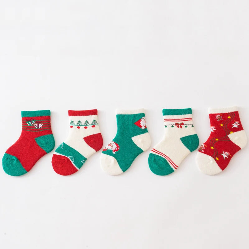 5Pairs Children Christmas Socks Thicken Cotton Newborn Warm Sock Autumn Winter Baby Mid Tube Sock 0-3year Boys Girls Footwear