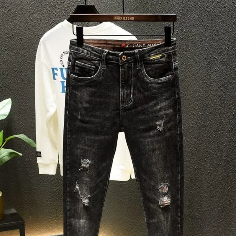 Trousers with Holes Skinny Tight Pipe Men's Jeans Black Broken Man Cowboy Pants Torn Ripped Slim Fit Designer Spring Autumn Xs