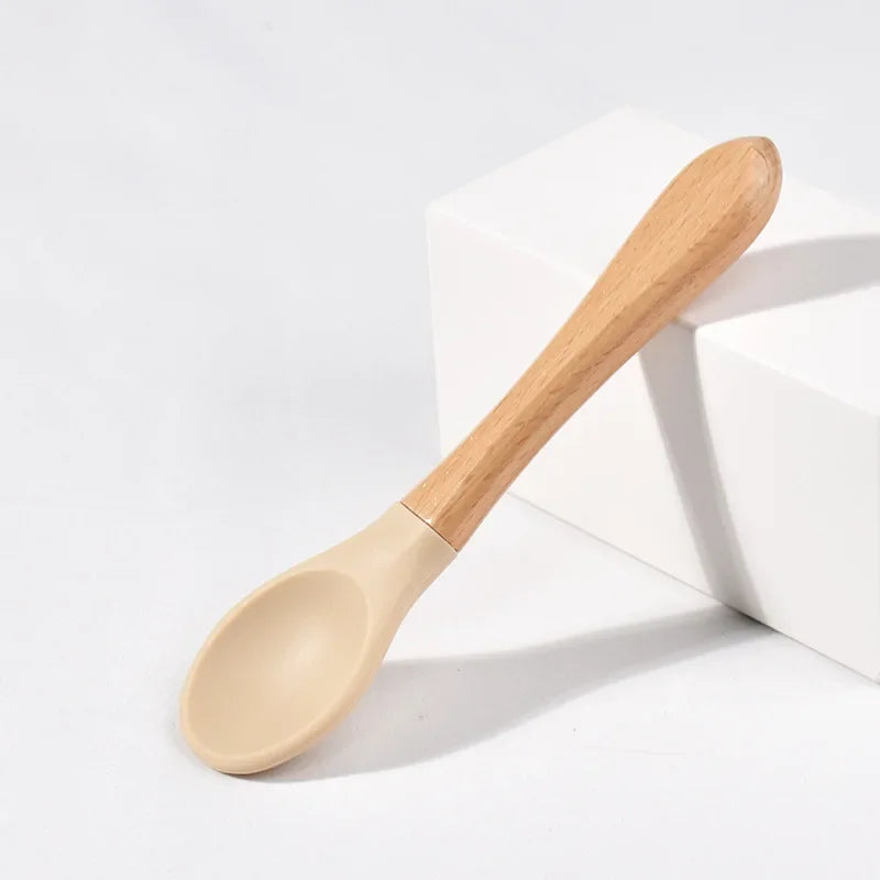 Spoons Baby Feeding Spoon Fork Wooden Handle Spoon Fork Set Soft Silicone Tip Spoon Fork BPA Free Food Grade Infant Toddlers