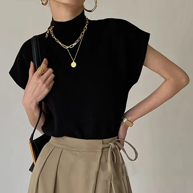 Fashion Stand-up Collar Slim Women Knitted Vest Loose Solid Elegant Straight Tops Short Sleeve Office Lady T Shirt Loose Shirt